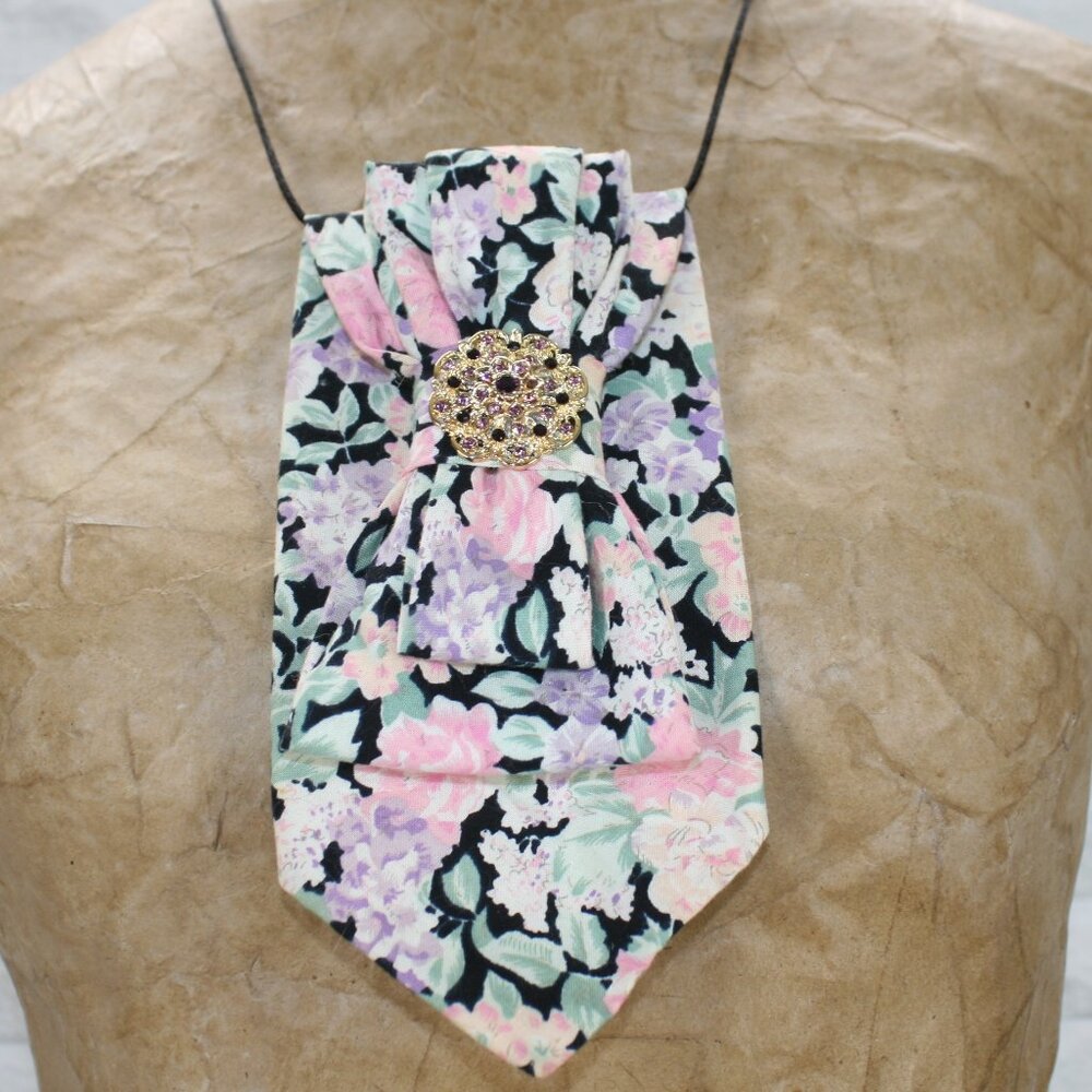UPCYCLED Neck Tie Necklace Brooch Necktie Holiday Gift Accessory Floral Pink